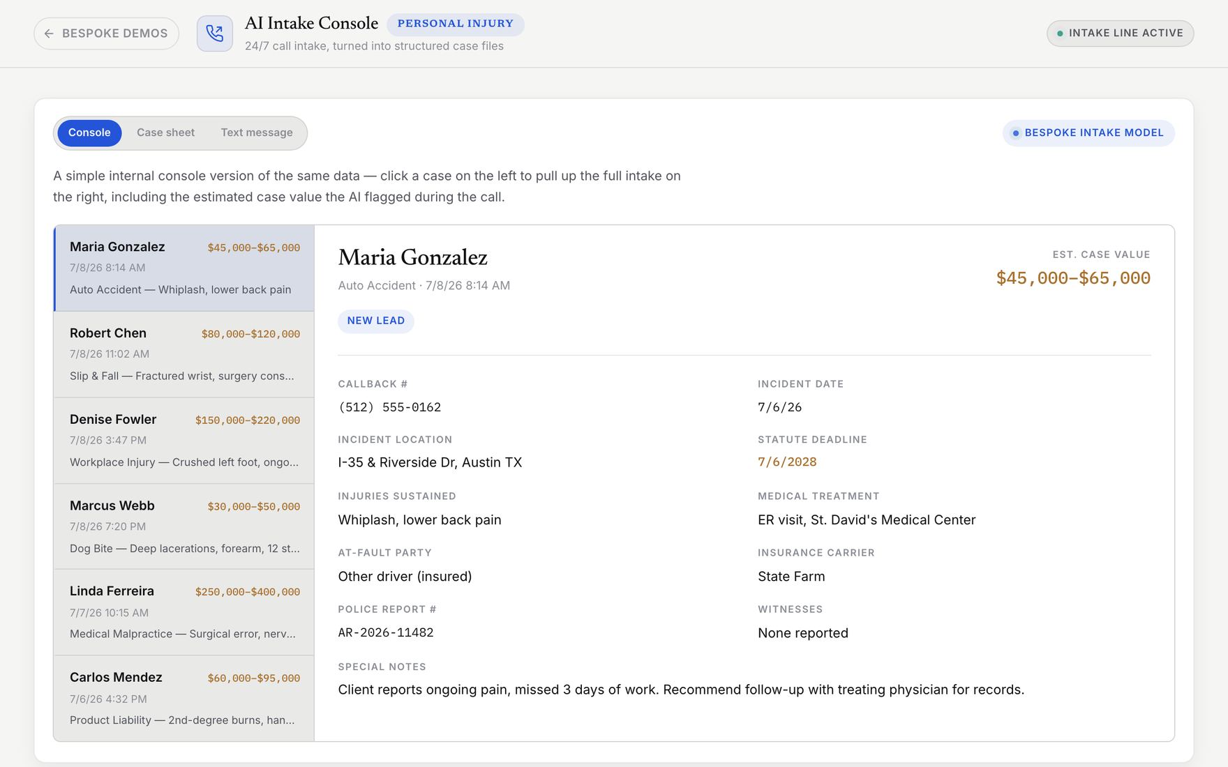 AI call intake console: personal injury cases captured from phone calls, each with an estimated case value